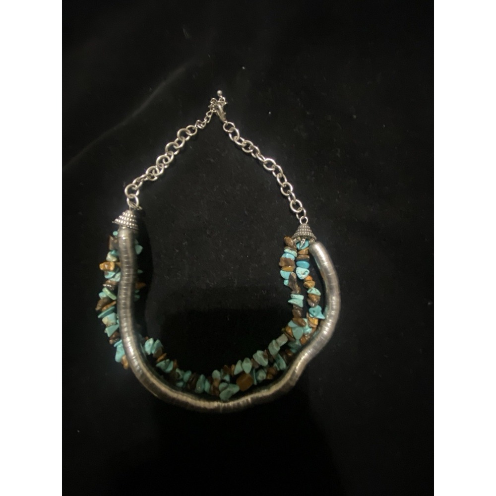 Vintage Turquoise & Tiger's Eye Silver Tone Necklace Graduated Strands